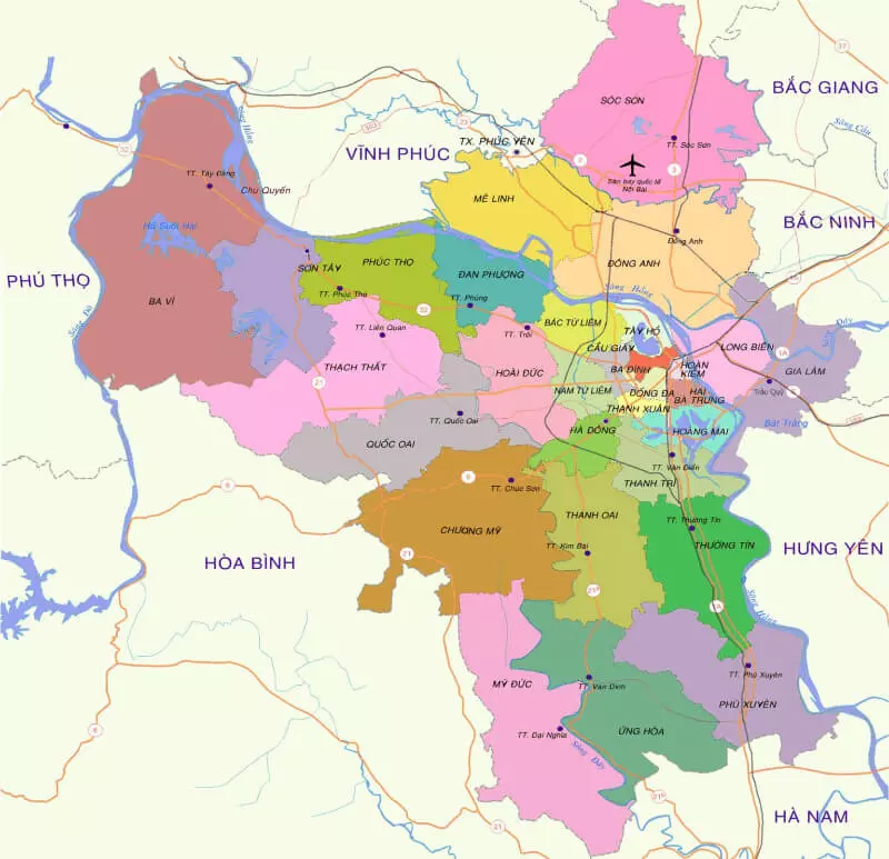 Hà Nội tiếp giáp với nhiều tỉnh thành khác nhau