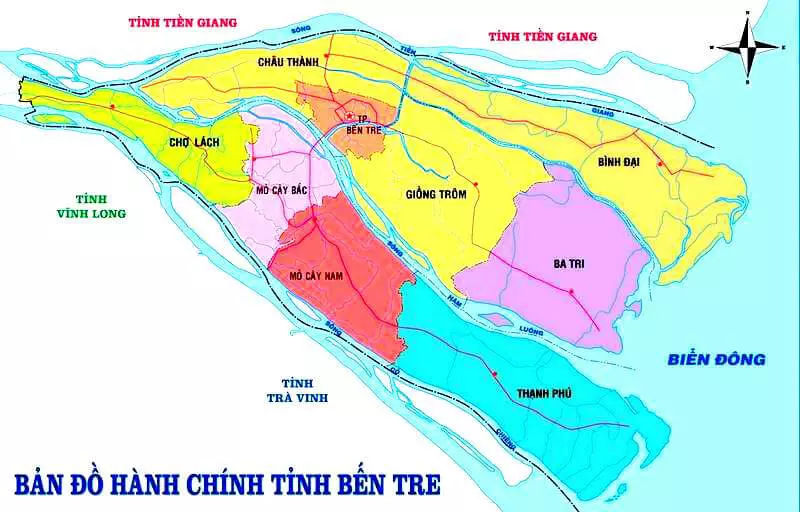 Bao quanh Bến Tre là các tỉnh Trà Vinh, Tiền Giang, Vĩnh Long và biển Đông